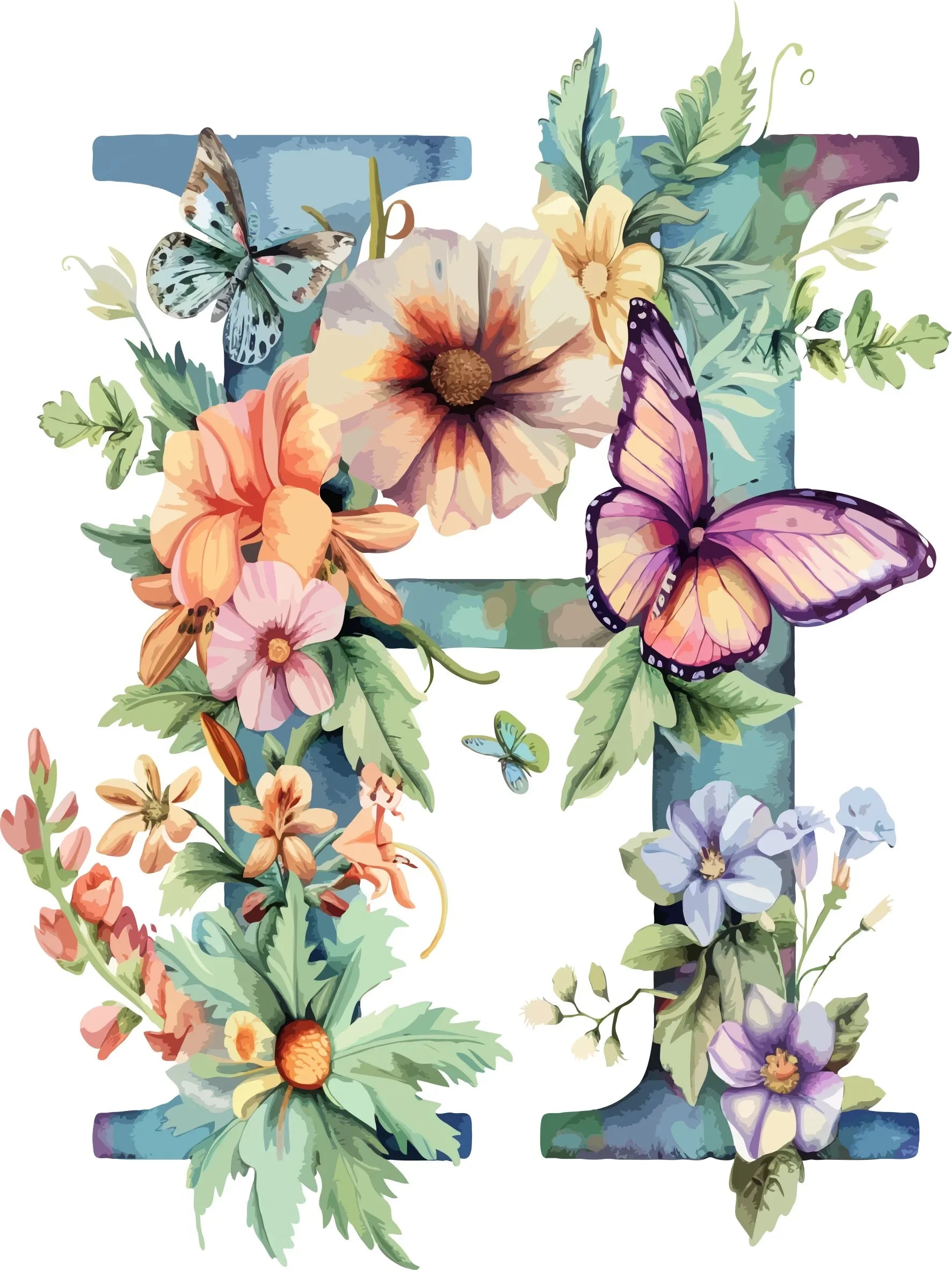 Watercolor Floral Alphabet Canvas Print Unframed Wall Art Poster Home Decoration for Bedroom Living Room & Great Gift Idea