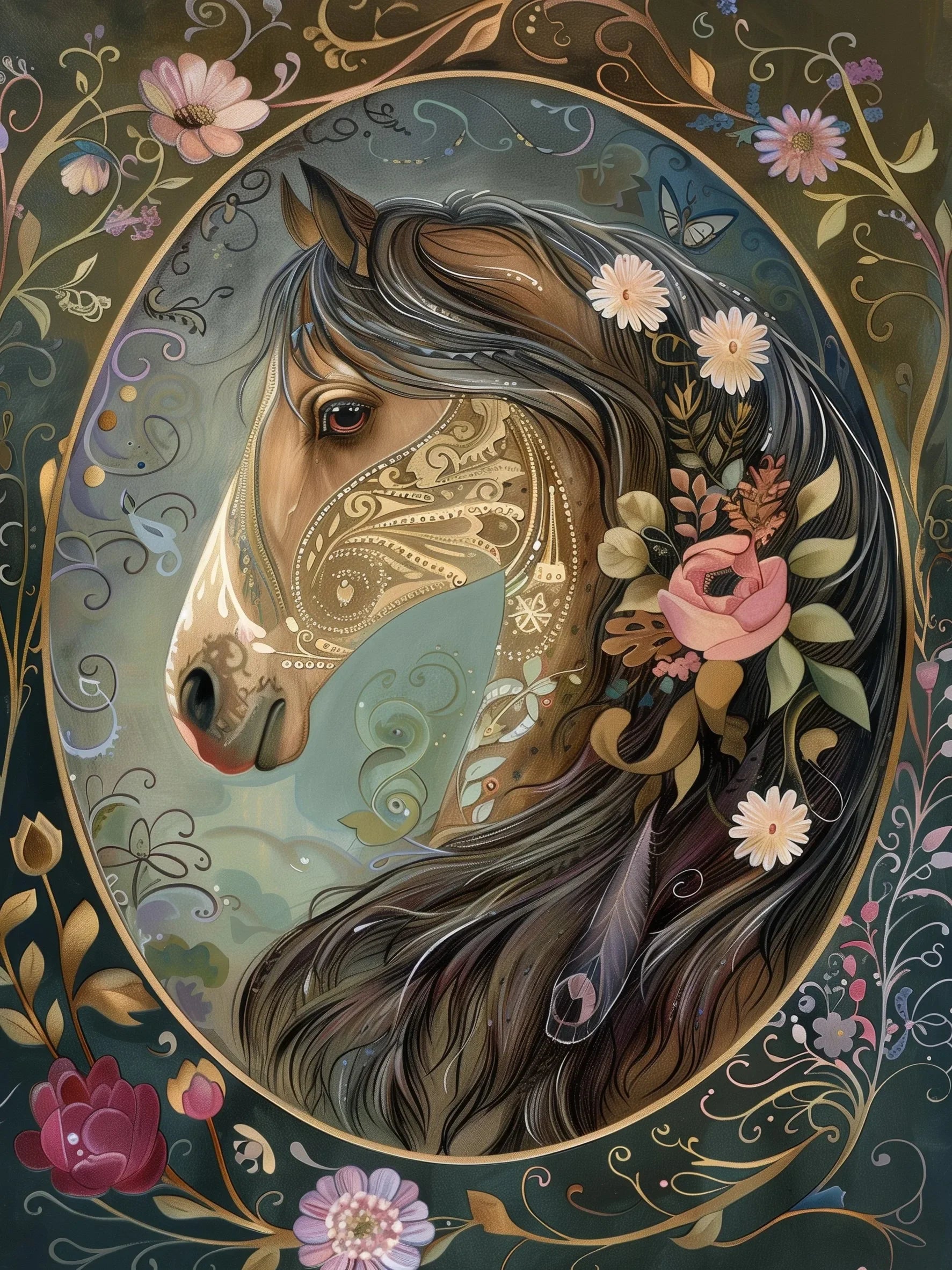 Retro Floral Horse Unframed Canvas Art Print Poster Wall Decor For Living Room Bedroom Home Decoration Ideal Gift