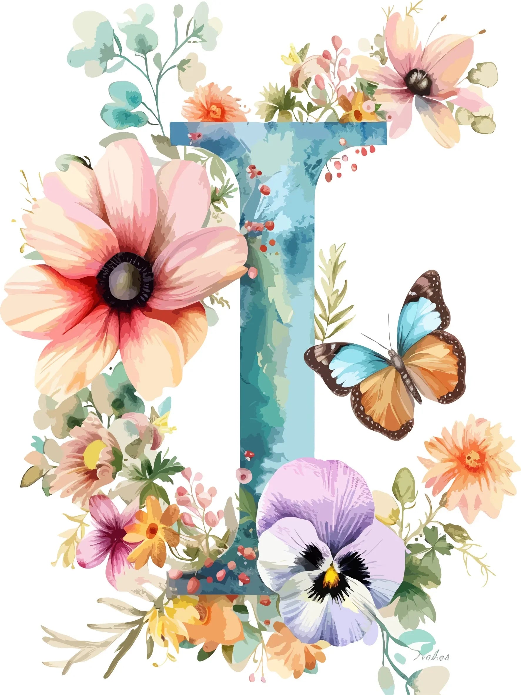 Watercolor Floral Alphabet Canvas Print Unframed Wall Art Poster Home Decoration for Bedroom Living Room & Great Gift Idea