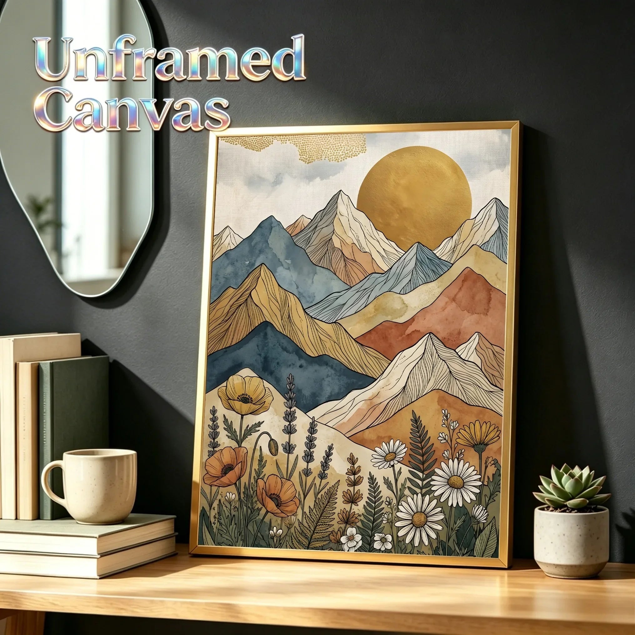 Wall Art Poster Unframed Canvas Retro Boho Celestial Mountain Print For Home Living Room Bedroom Decor Great Gifts