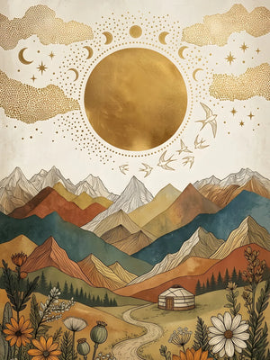 Wall Art Poster Unframed Canvas Retro Boho Celestial Mountain Print For Home Living Room Bedroom Decor Great Gifts