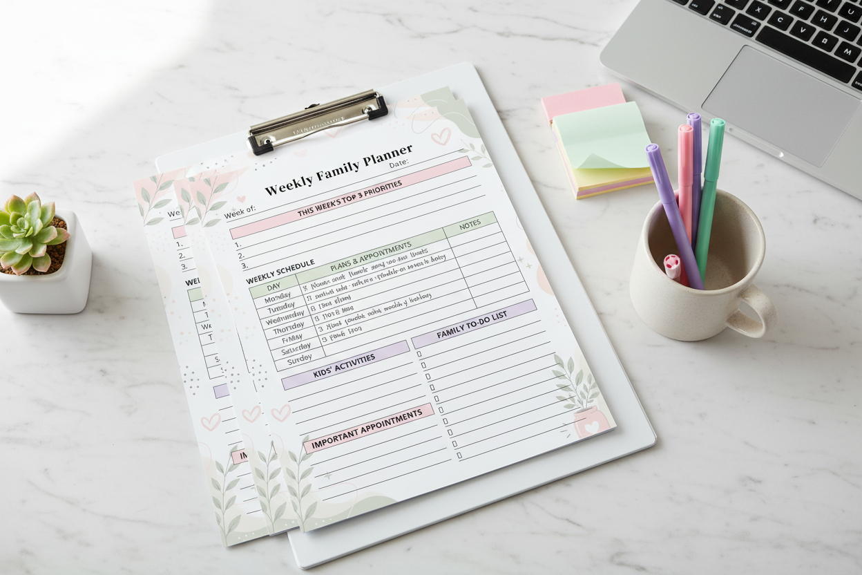 Multiple printed ADHD planner pages on white clipboard with pens and sticky notes