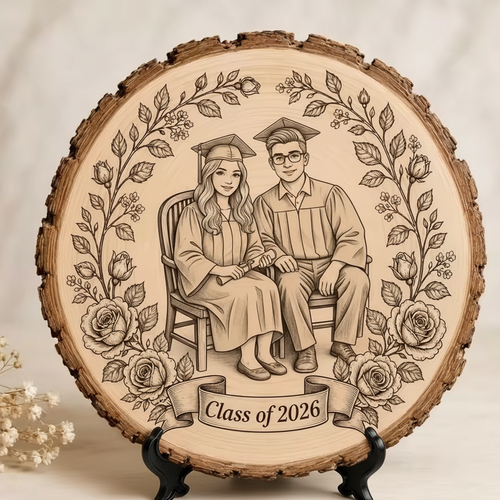 Customized Wood Slice Memorial Gift, Custom Black and White Line Art Style Photo, Couple's Photo Customization Gift for friends