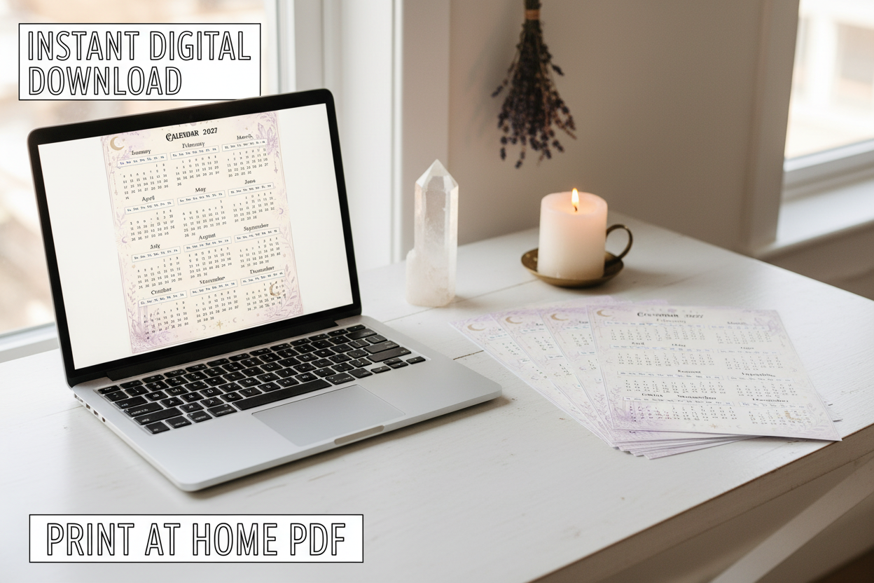 Laptop showing witchy planner PDF and printed pages beside it - Instant Digital Download