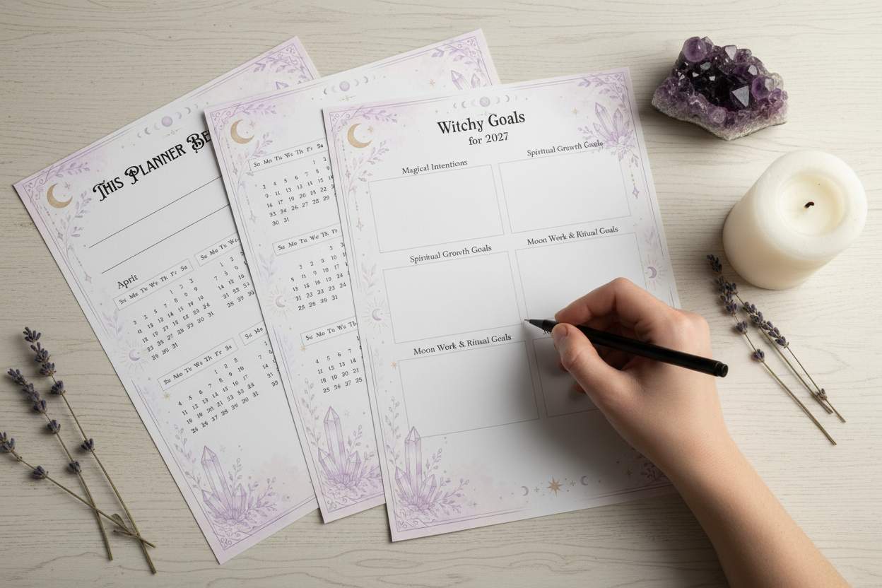 Printed 2027 witchy planner pages on desk with crystals and candle