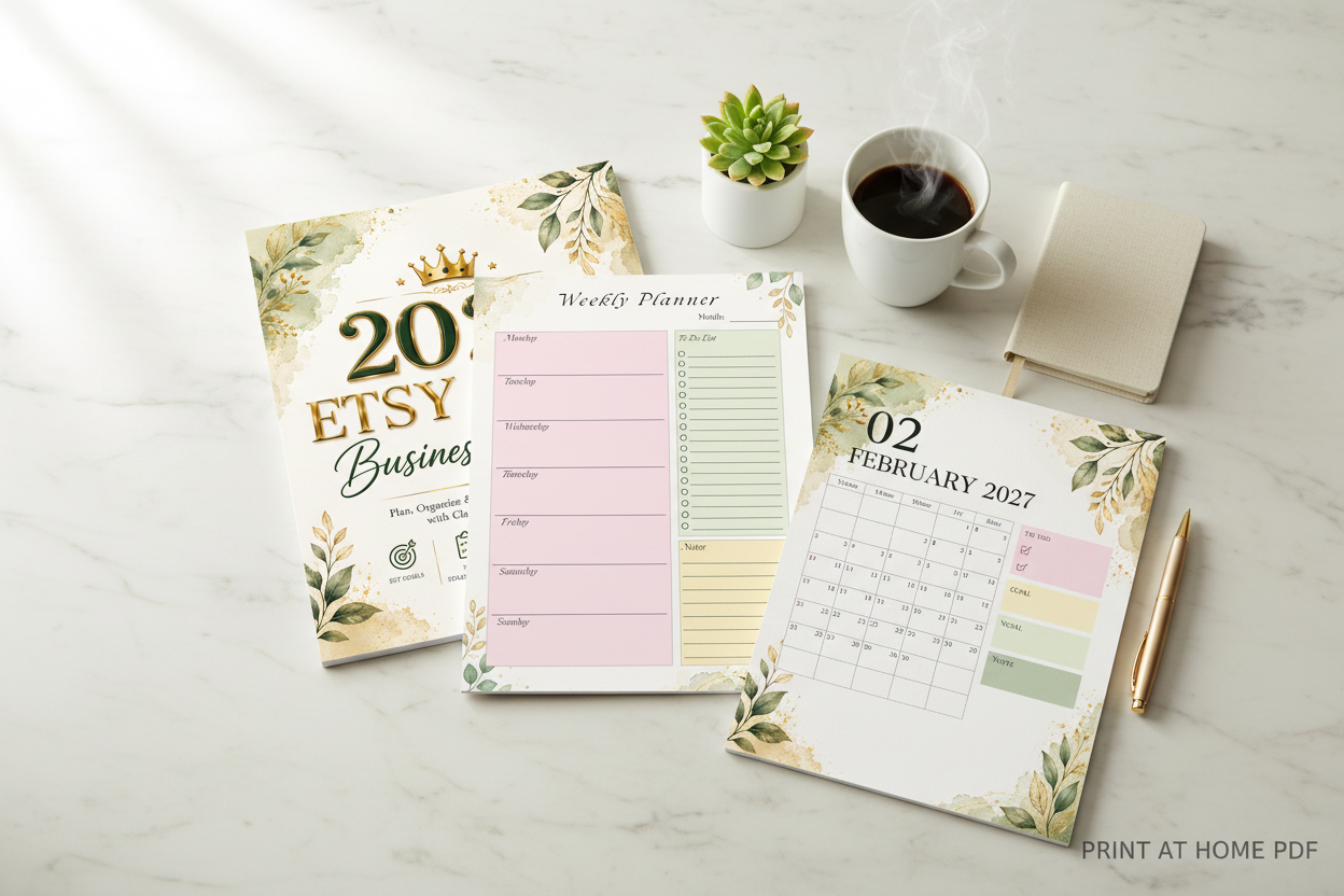 Printed 2027 Etsy business planner pages on marble desk with succulent and coffee mug