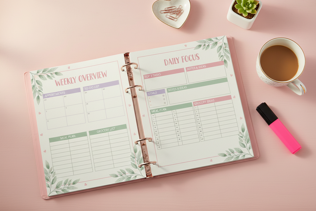 ADHD planner printed pages organized in rose gold ring binder