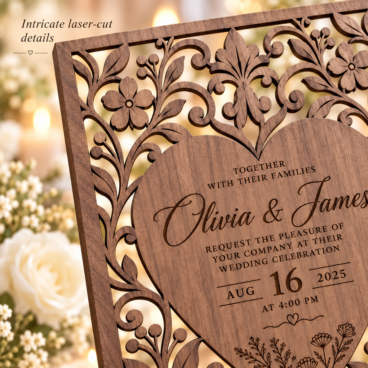 Close-up laser-cut floral detail on walnut wedding invitation