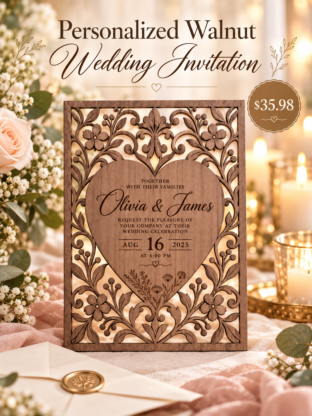 Personalized walnut wedding invitation social media promotional image