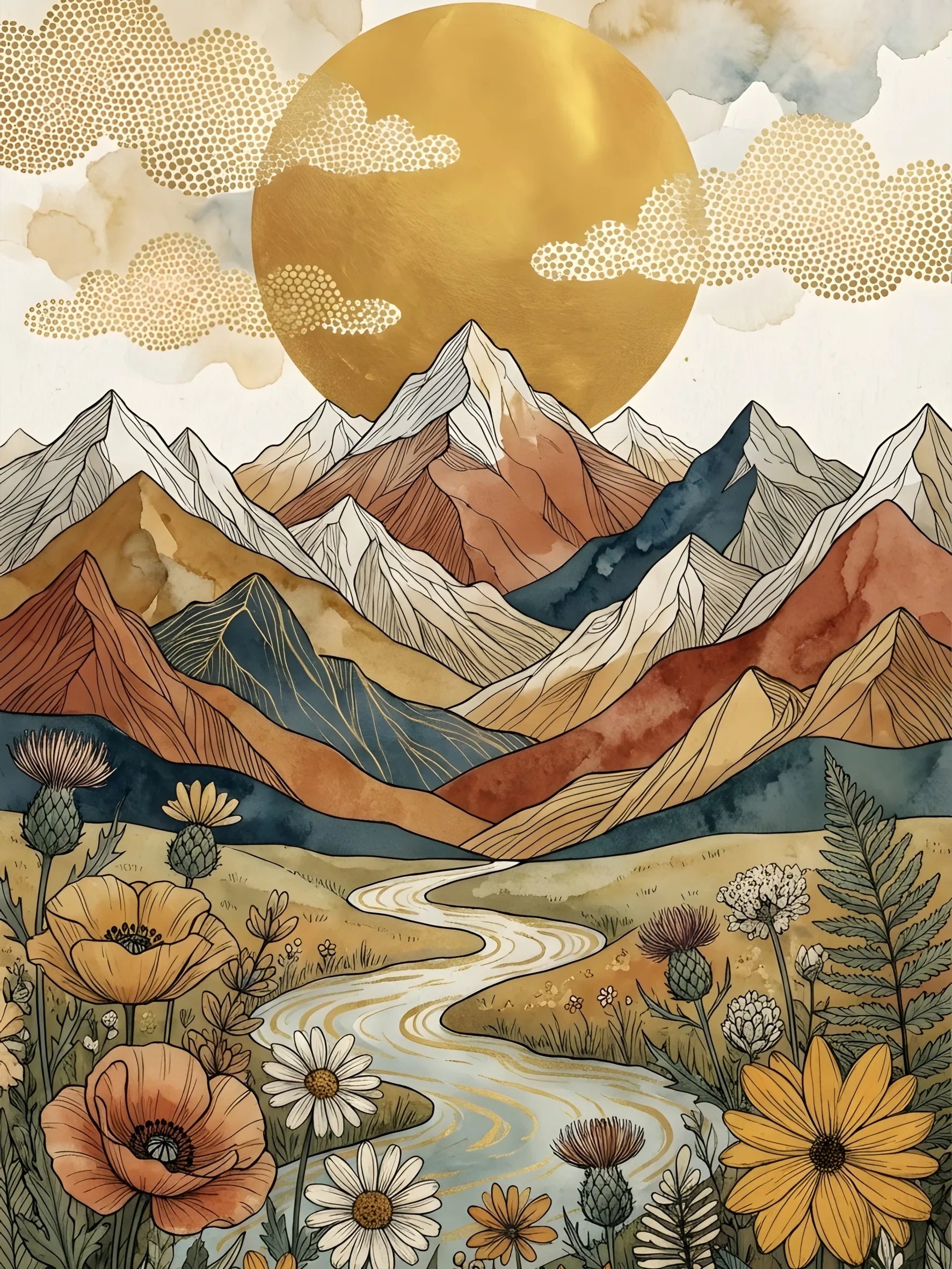 Wall Art Poster Unframed Canvas Retro Boho Celestial Mountain Print For Home Living Room Bedroom Decor Great Gifts