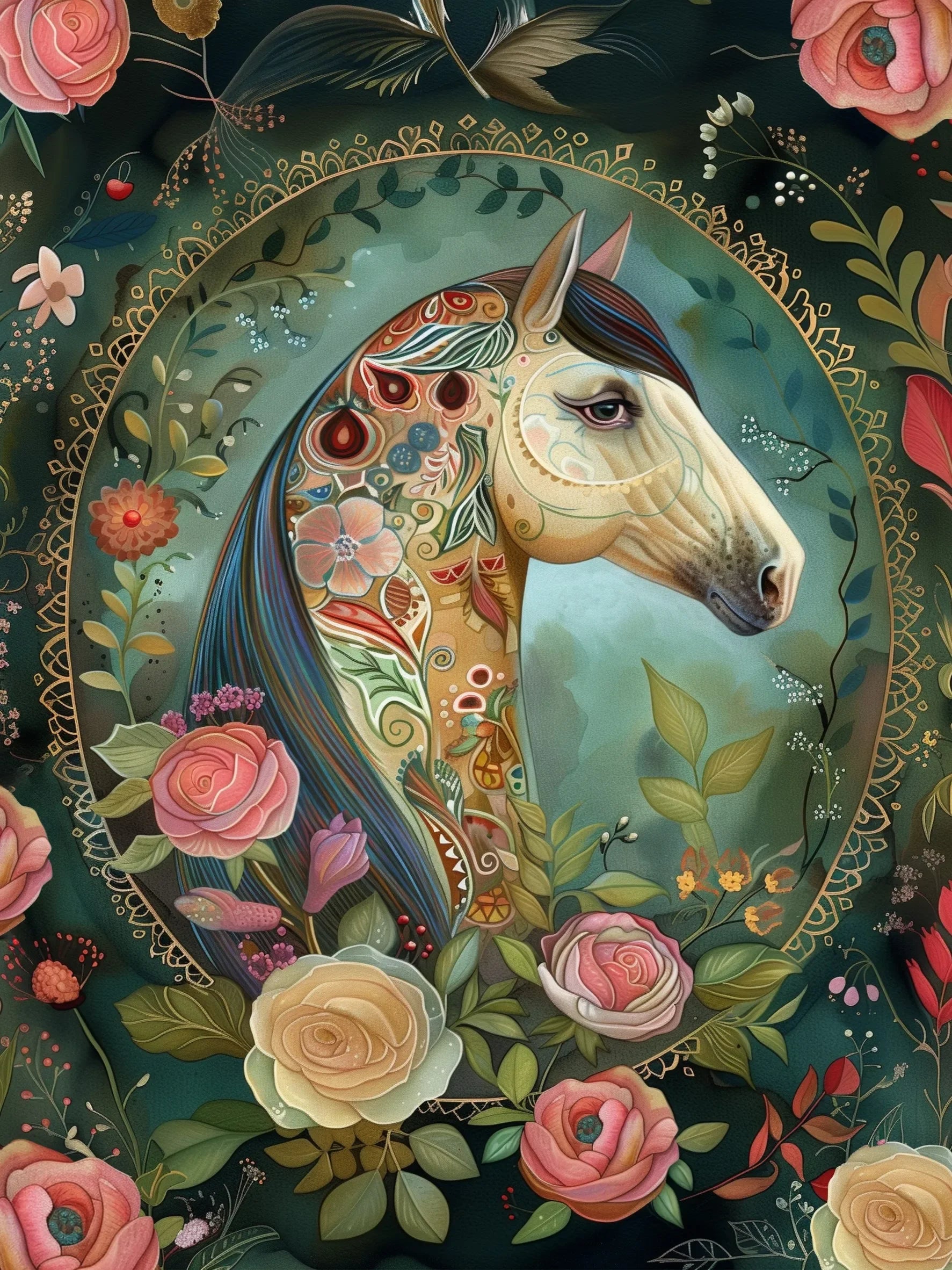 Retro Floral Horse Unframed Canvas Art Print Poster Wall Decor For Living Room Bedroom Home Decoration Ideal Gift