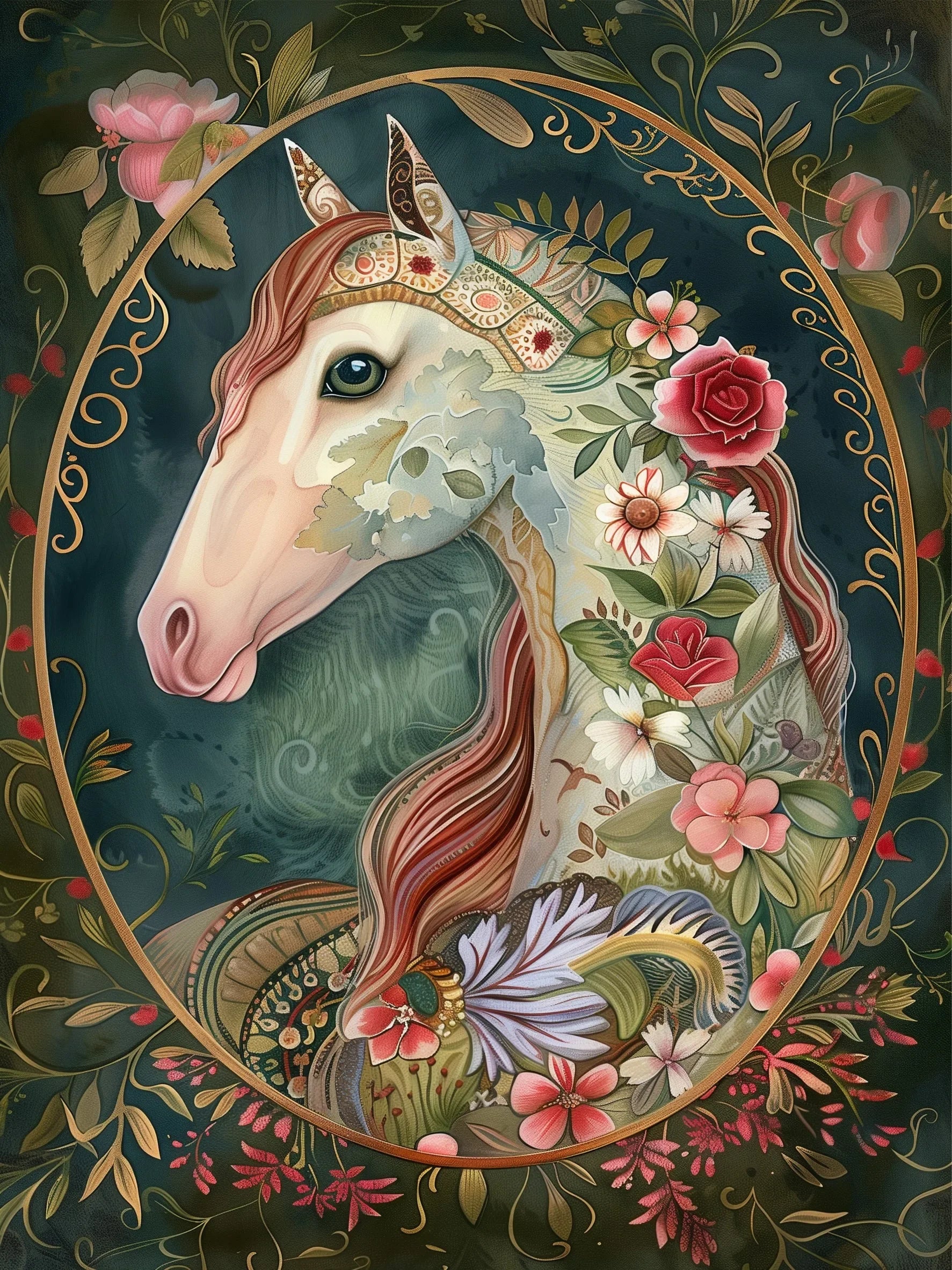 Retro Floral Horse Unframed Canvas Art Print Poster Wall Decor For Living Room Bedroom Home Decoration Ideal Gift