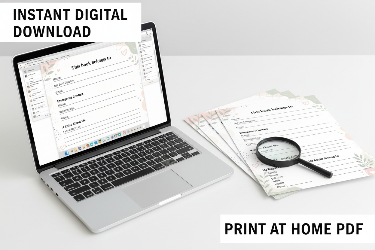 Laptop showing PDF file and printed planner pages beside it - Instant Digital Download