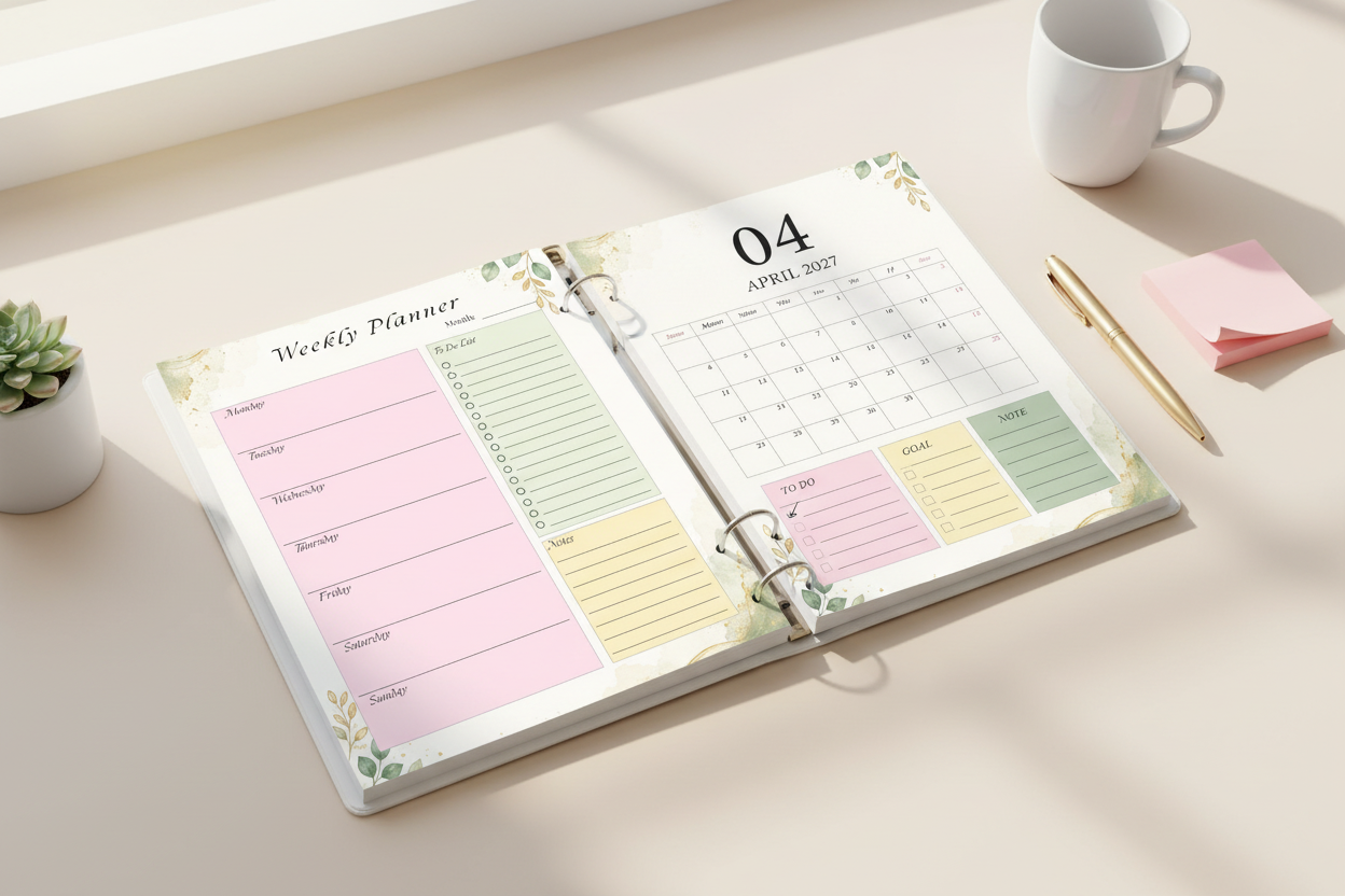 Printed 2027 Etsy business planner weekly and monthly pages in white ring binder