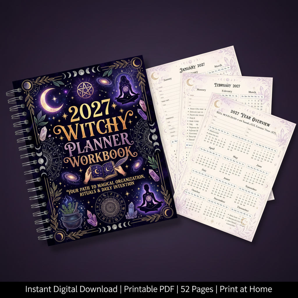 2027 Witchy Planner Workbook printable PDF digital download cover and interior pages preview