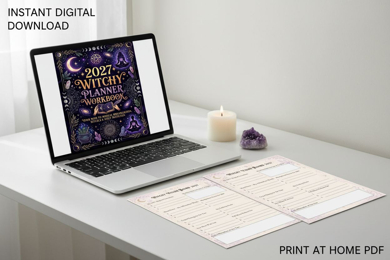 Laptop showing witchy planner PDF and printed pages - Instant Digital Download Print at Home