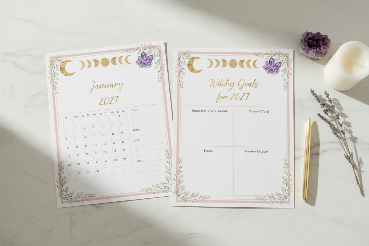 Printed 2027 witchy planner pages on marble desk with crystals and candle