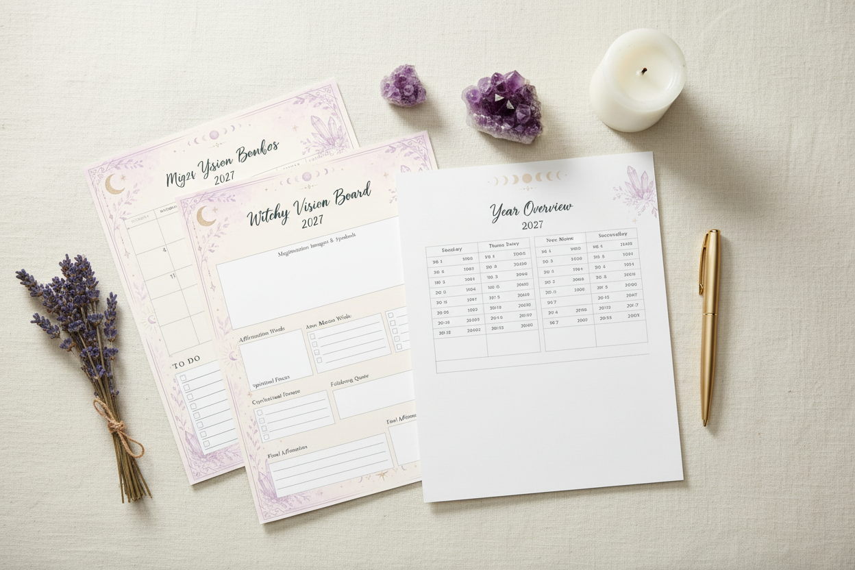 Printed witchy vision board and year overview pages flat lay on linen surface