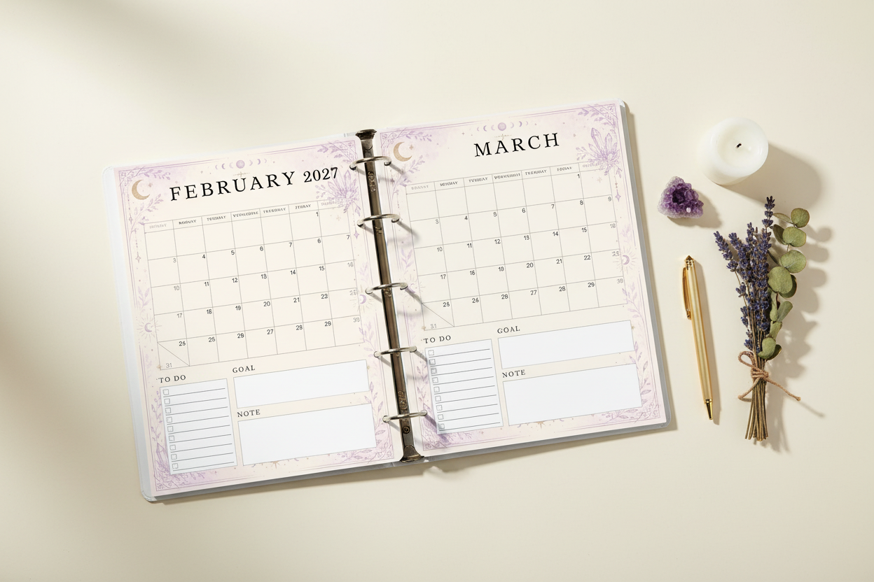 Printed 2027 witchy planner monthly calendar pages in white ring binder