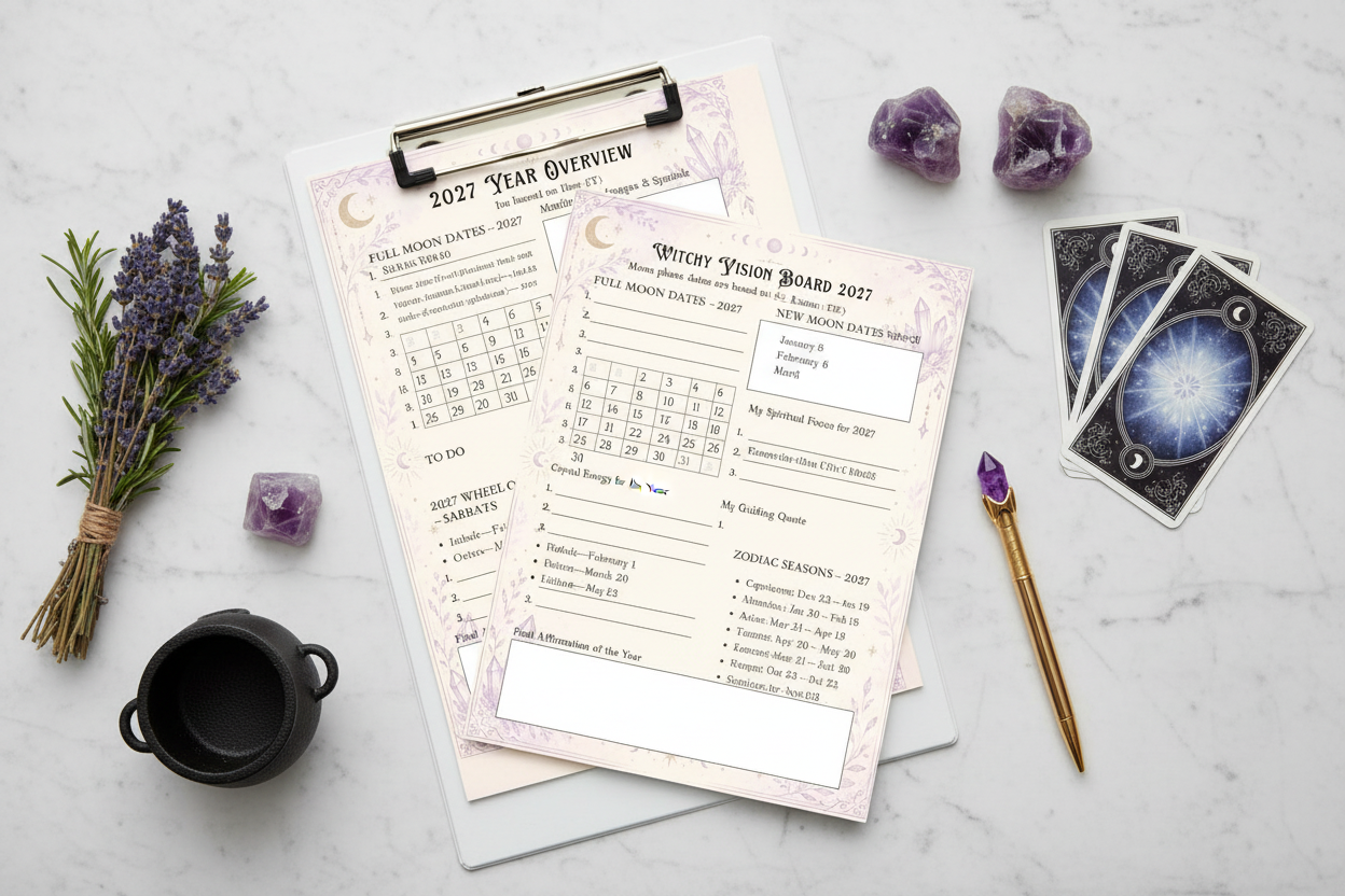 Printed witchy planner pages on clipboard with crystals and tarot cards
