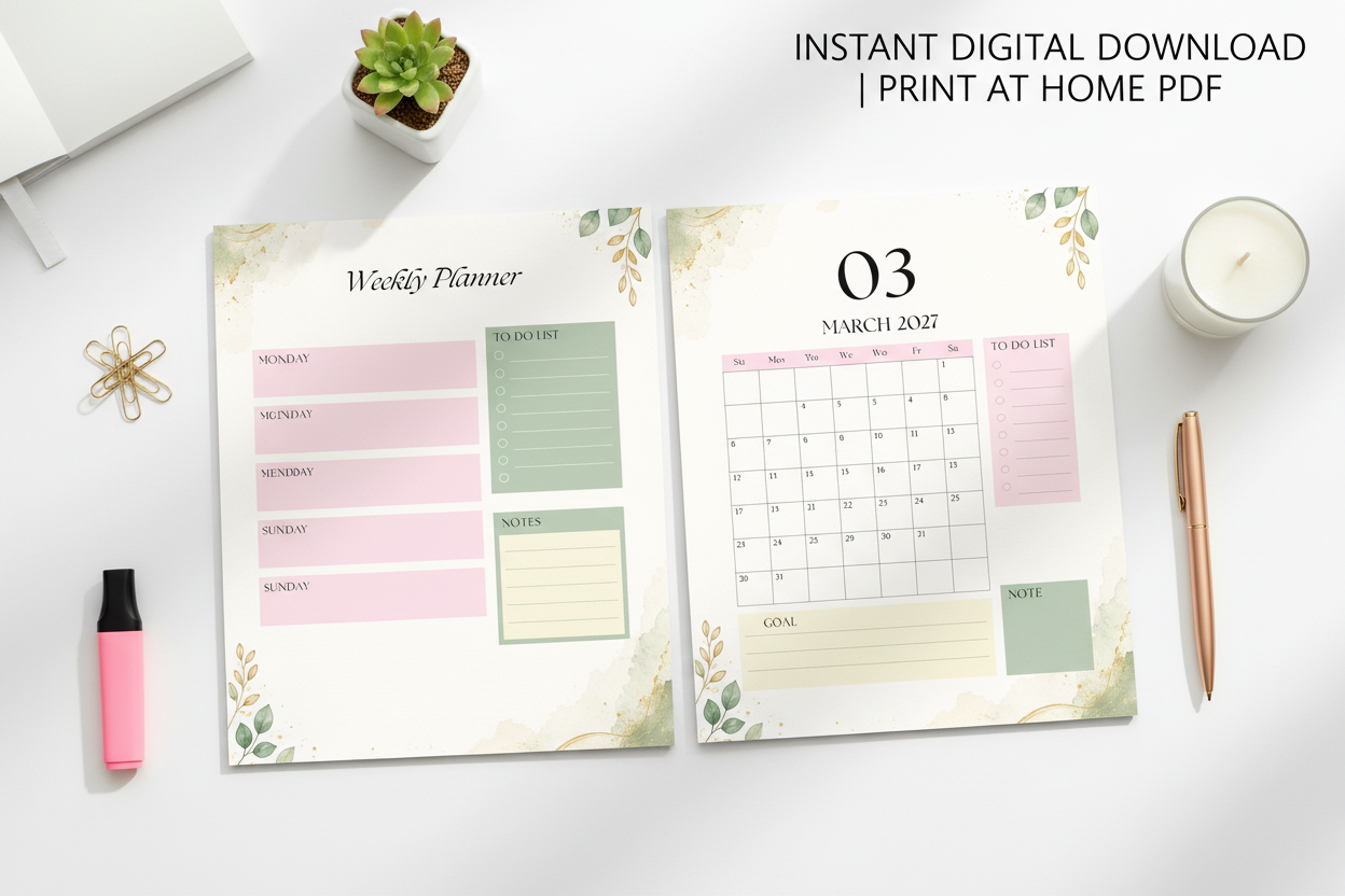Top-down flatlay of printed 2027 Etsy business planner weekly and monthly pages