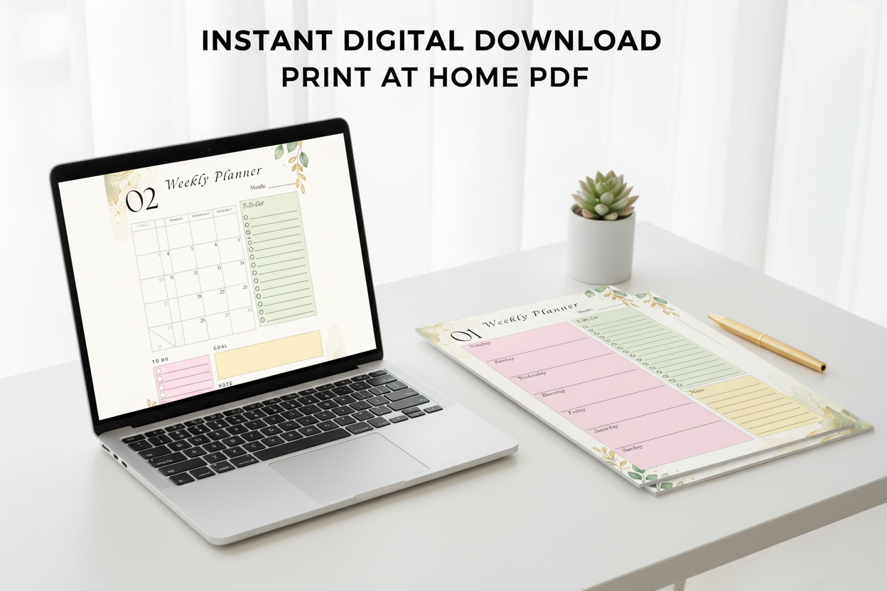 Laptop showing PDF planner and printed pages - Instant Digital Download Print at Home