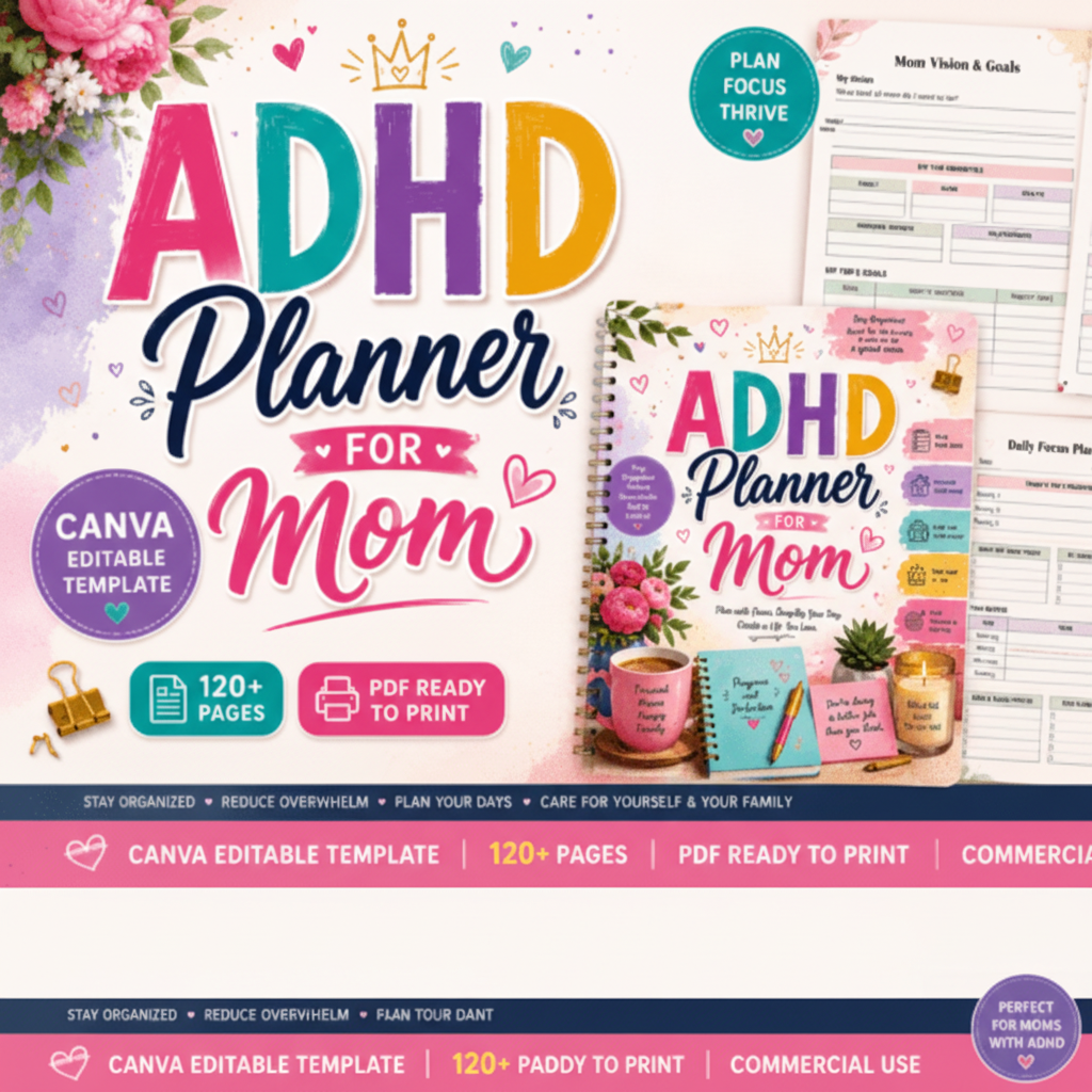ADHD Planner for Moms printable PDF digital download – cover and interior pages preview