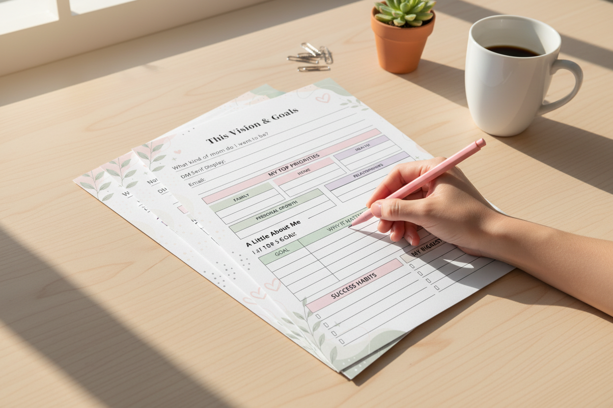 ADHD Planner for Moms printed pages on desk with coffee and succulent