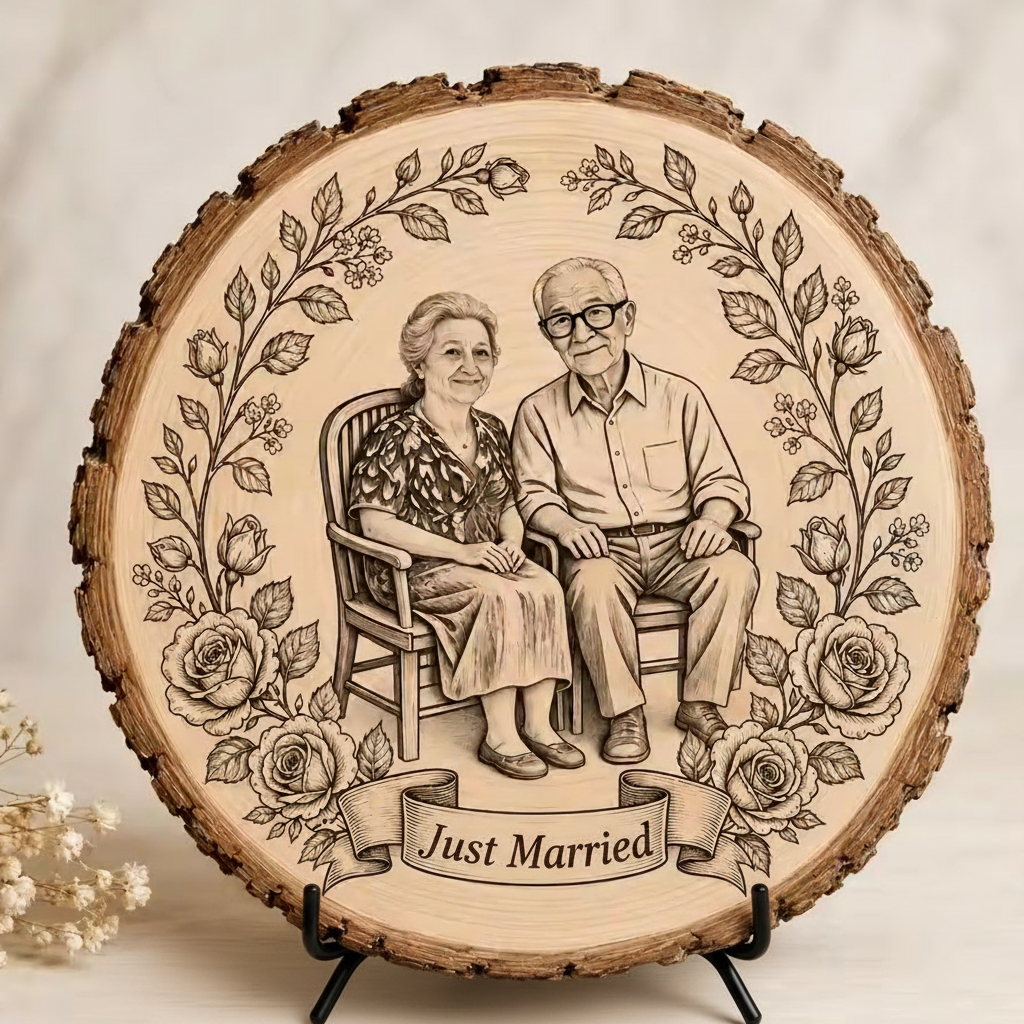 Customized Wood Slice Memorial Gift, Custom Black and White Line Art Style Photo, Couple's Photo Customization Gift for friends