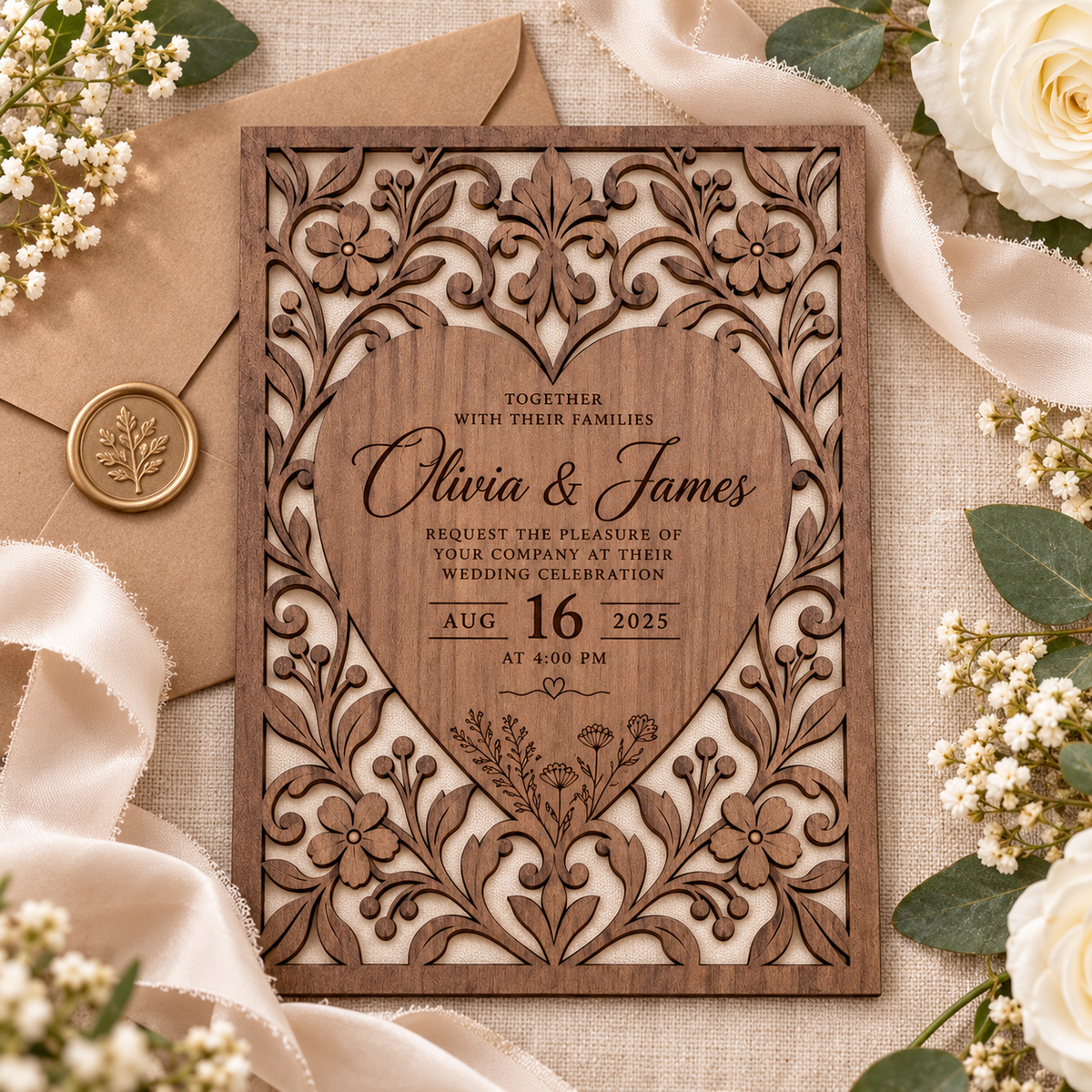 Personalized walnut wedding invitation flat lay with envelope and flowers