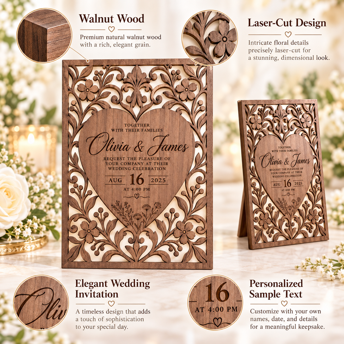 Walnut laser-cut wedding invitation held in a wedding setting
